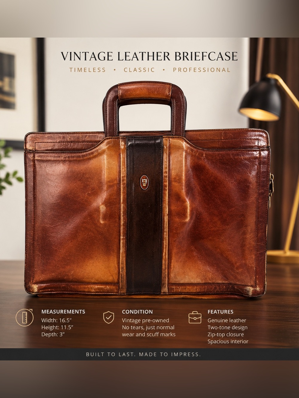 Rare  vintage Oleg Cassini leather briefcase two tone leather drop handles zip